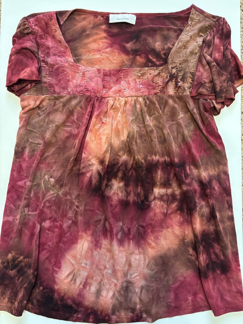 dressbarn Burgundy and Brown Tie-Dye Square Neck Short Sleeve Tunic